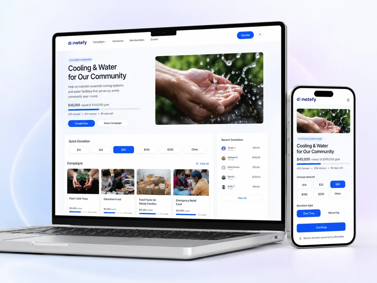 Branded E-Fundraiser giving site on laptop and phone: featured campaign, Quick Donation amounts, campaign cards, and recent donations