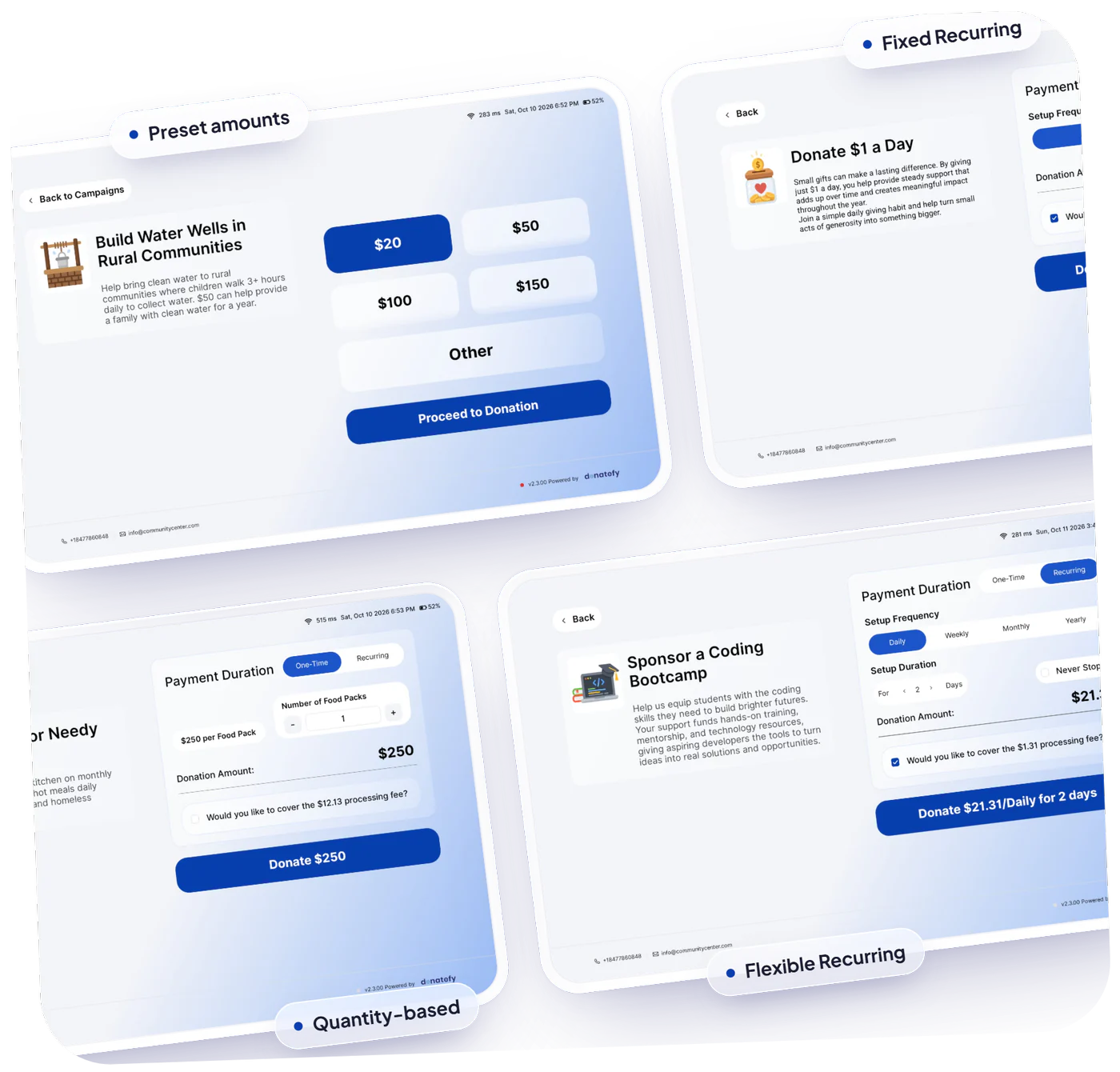 FS-22 campaign screens for preset amounts, fixed recurring, quantity-based, and flexible recurring giving