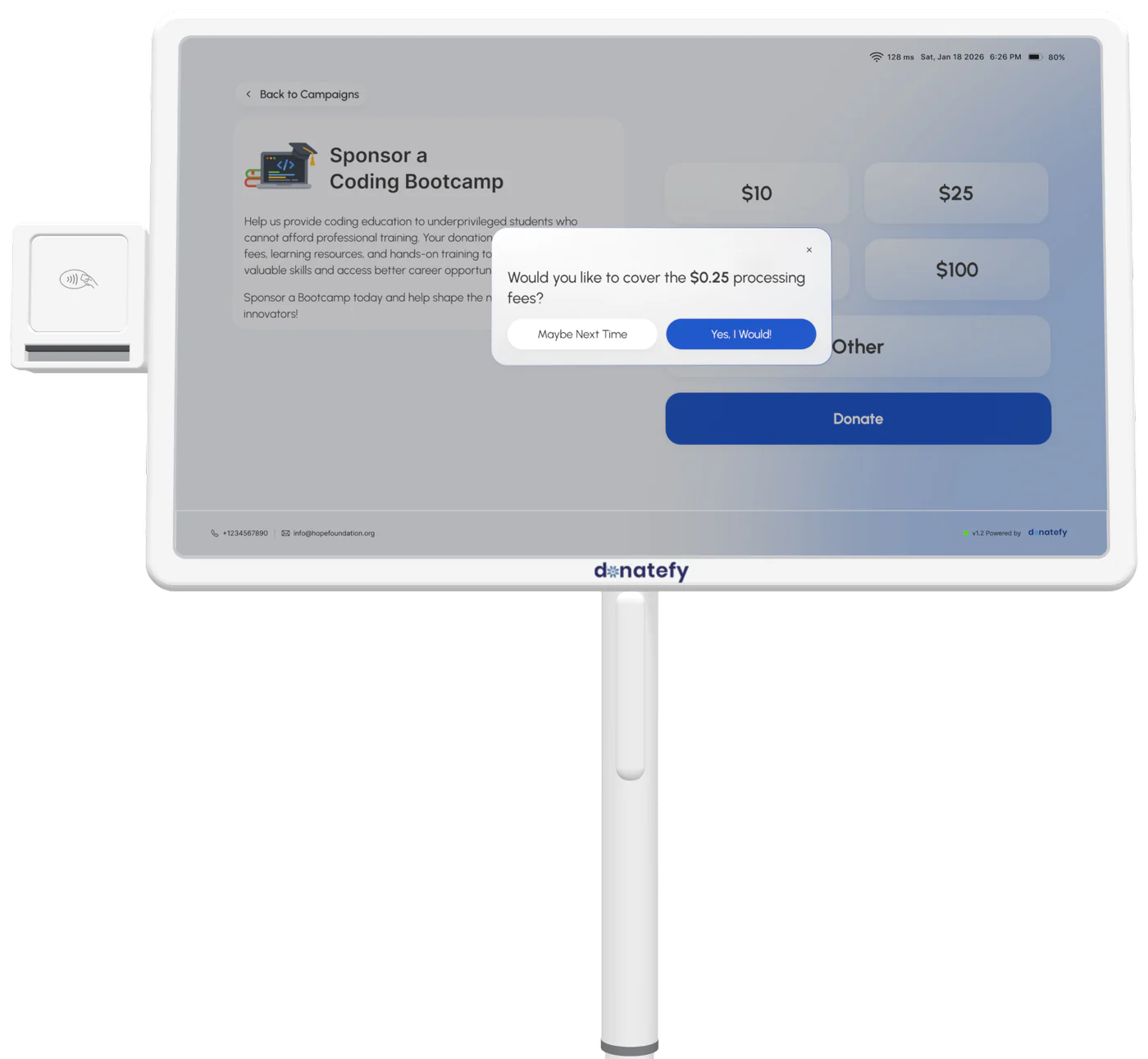 FS-22 kiosk asking the donor whether they would like to cover the processing fee