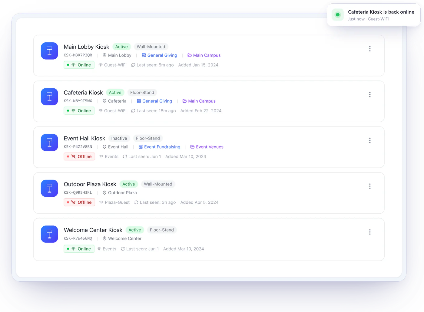 Admin Portal kiosk list with online and offline status, placement, and a back-online notification