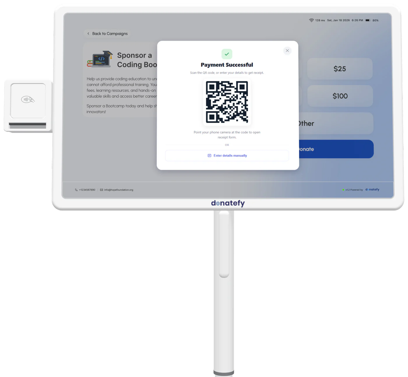 FS-22 kiosk payment-successful screen with a QR code for a digital receipt