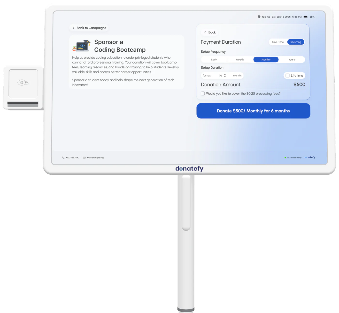 FS-22 kiosk recurring donation screen with frequency and duration options