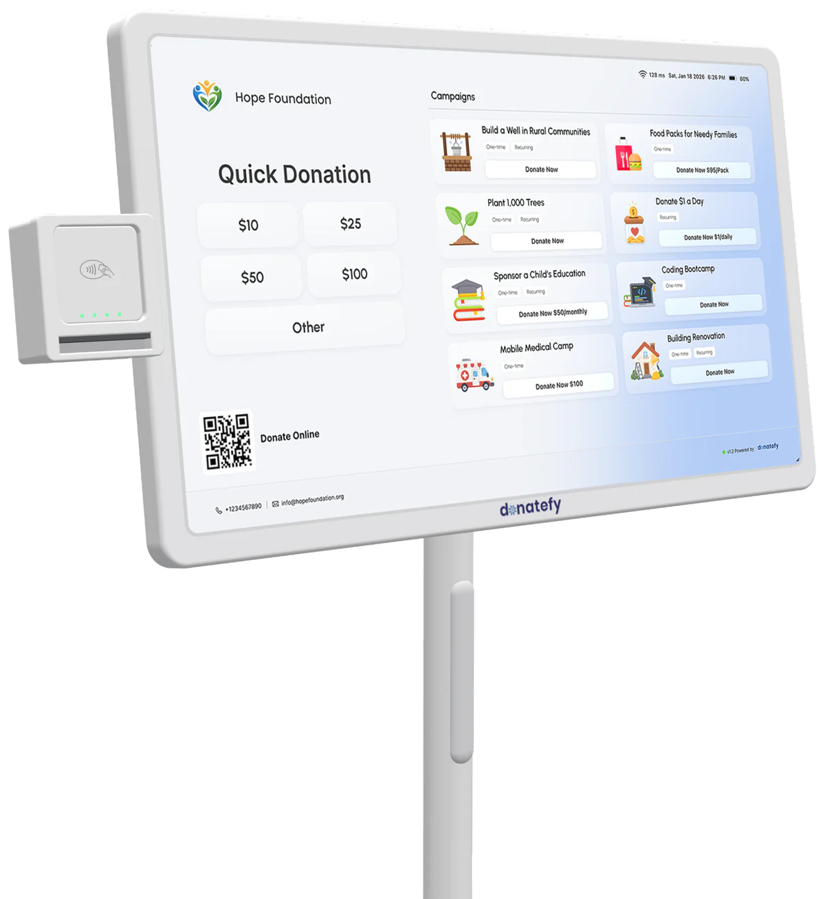 FS-22 floor-standing donation kiosk with Quick Donation and campaign cards on screen