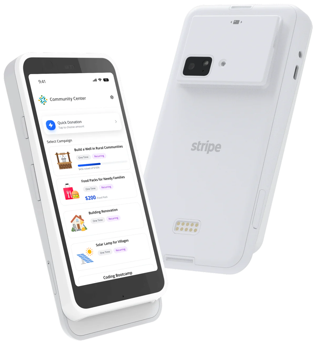 Stripe Reader S700 front and back, running the Donatefy campaign list