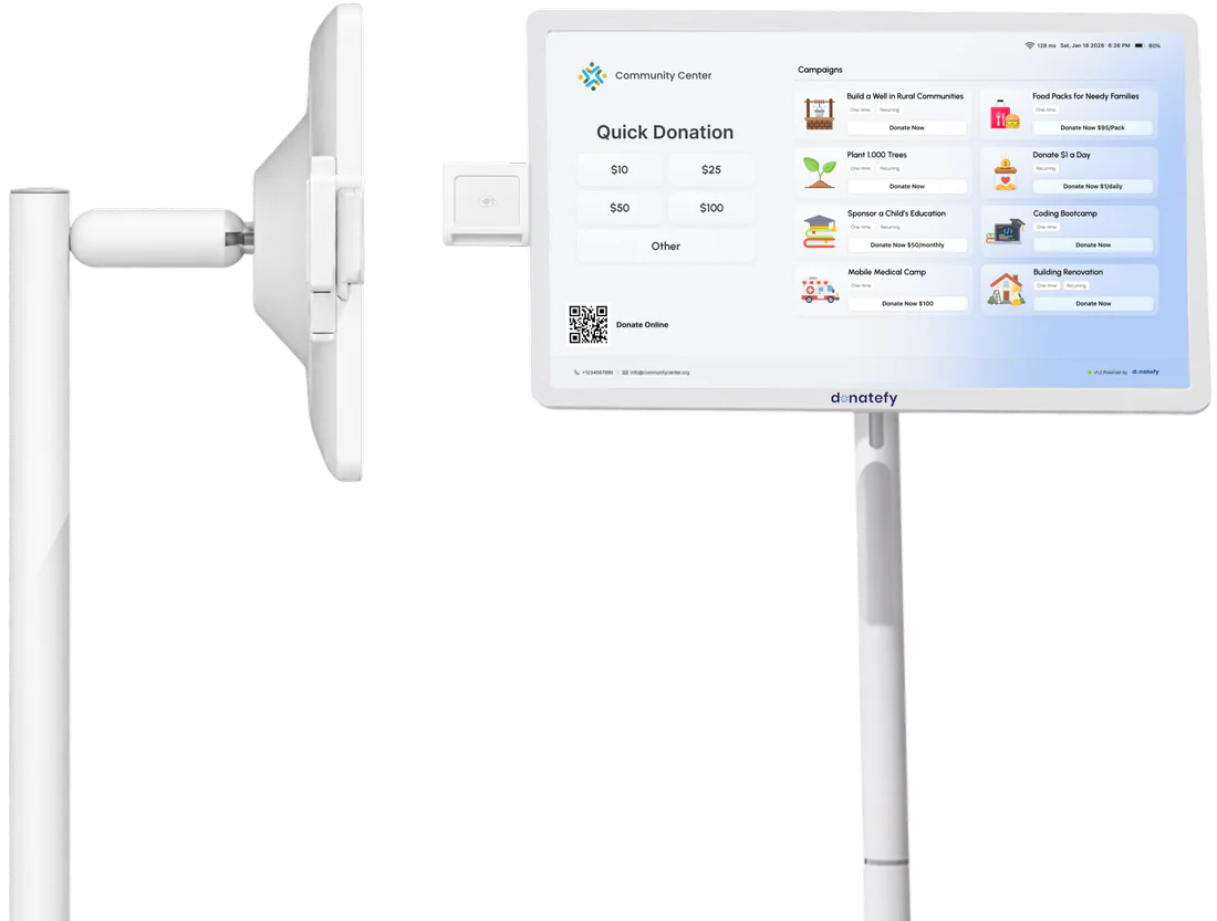 FS-22 floor-standing kiosk showing Quick Donation amounts and campaign cards, with a side view of its stand and card reader