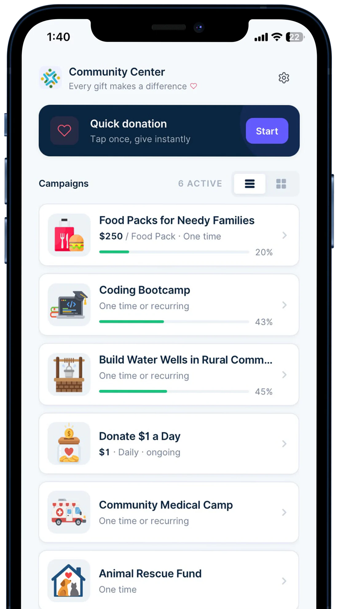 Donatefy app on a phone with Quick Donation and the campaign list