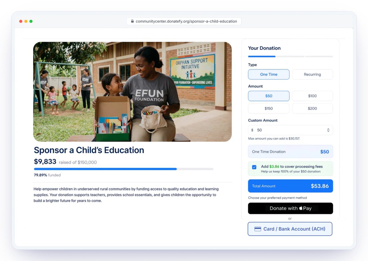 Online checkout for a campaign with one-time or recurring options, preset amounts, fee coverage, and wallet, card, or bank payment