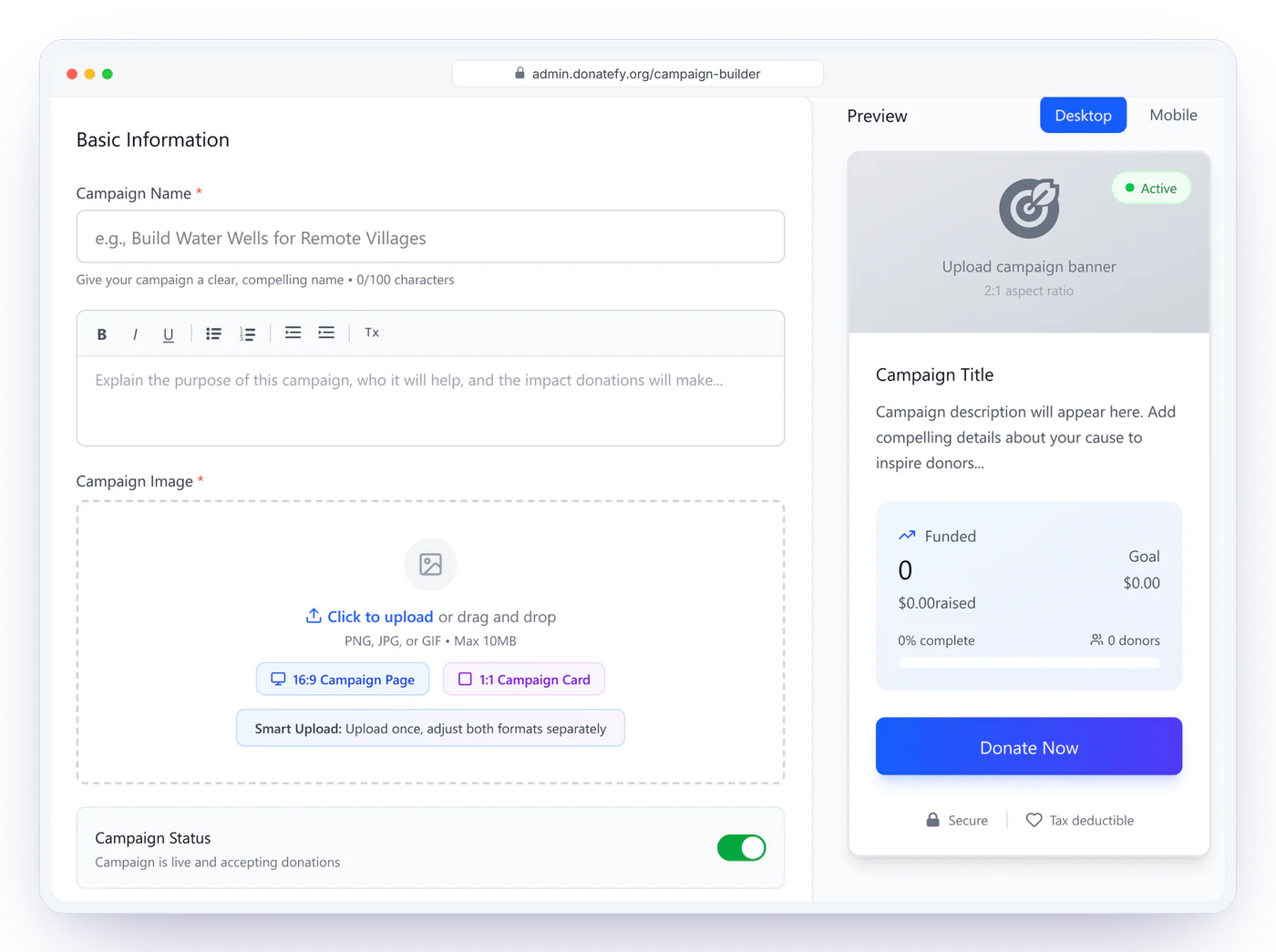 Campaign Builder basic information with title, description, campaign image, and status beside a live preview