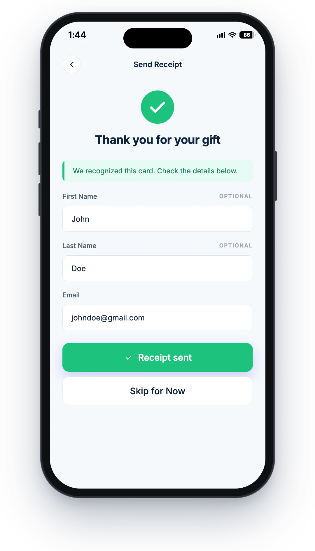 Donatefy Mobile App after a gift: the thank-you screen recognizes the donor's card, fills in their details, and confirms the receipt was sent