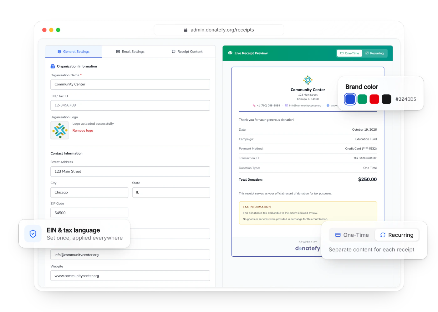Receipt settings in the Admin Portal with EIN and tax language fields beside a live receipt preview