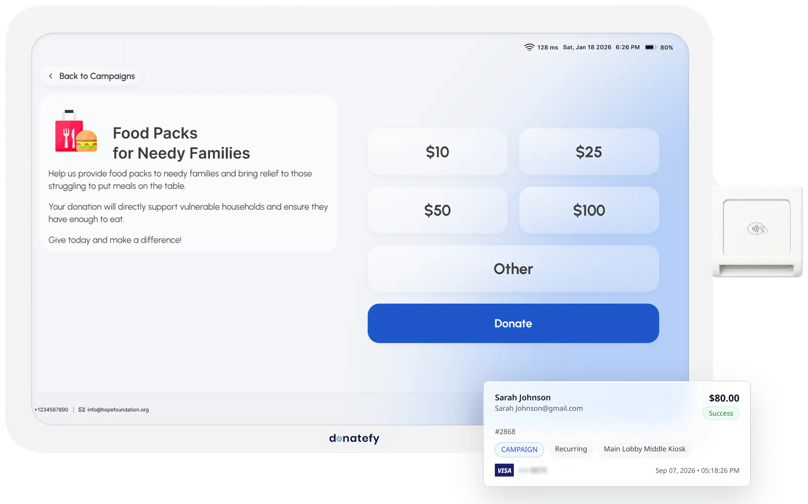 WM-22 campaign screen with preset amounts beside a recurring donation record from the Main Lobby kiosk