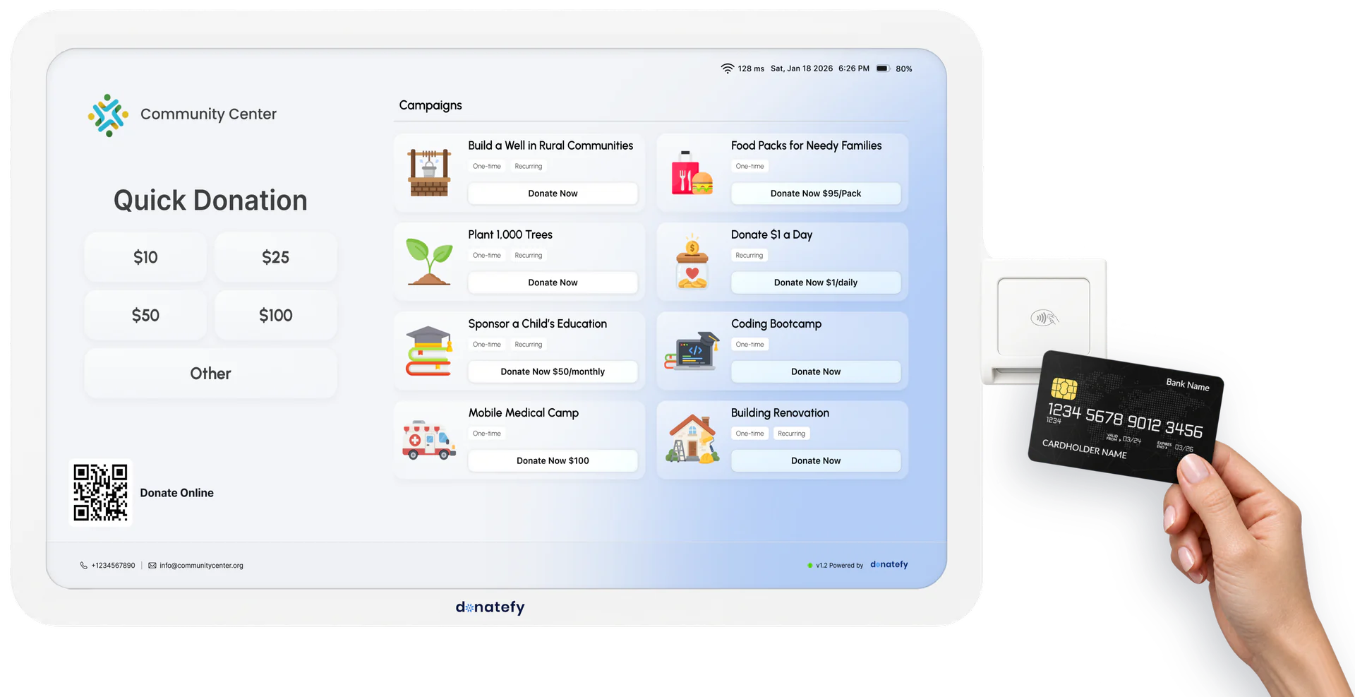 Wall-mounted kiosk with Quick Donation and campaign cards as a visitor taps a card on the reader